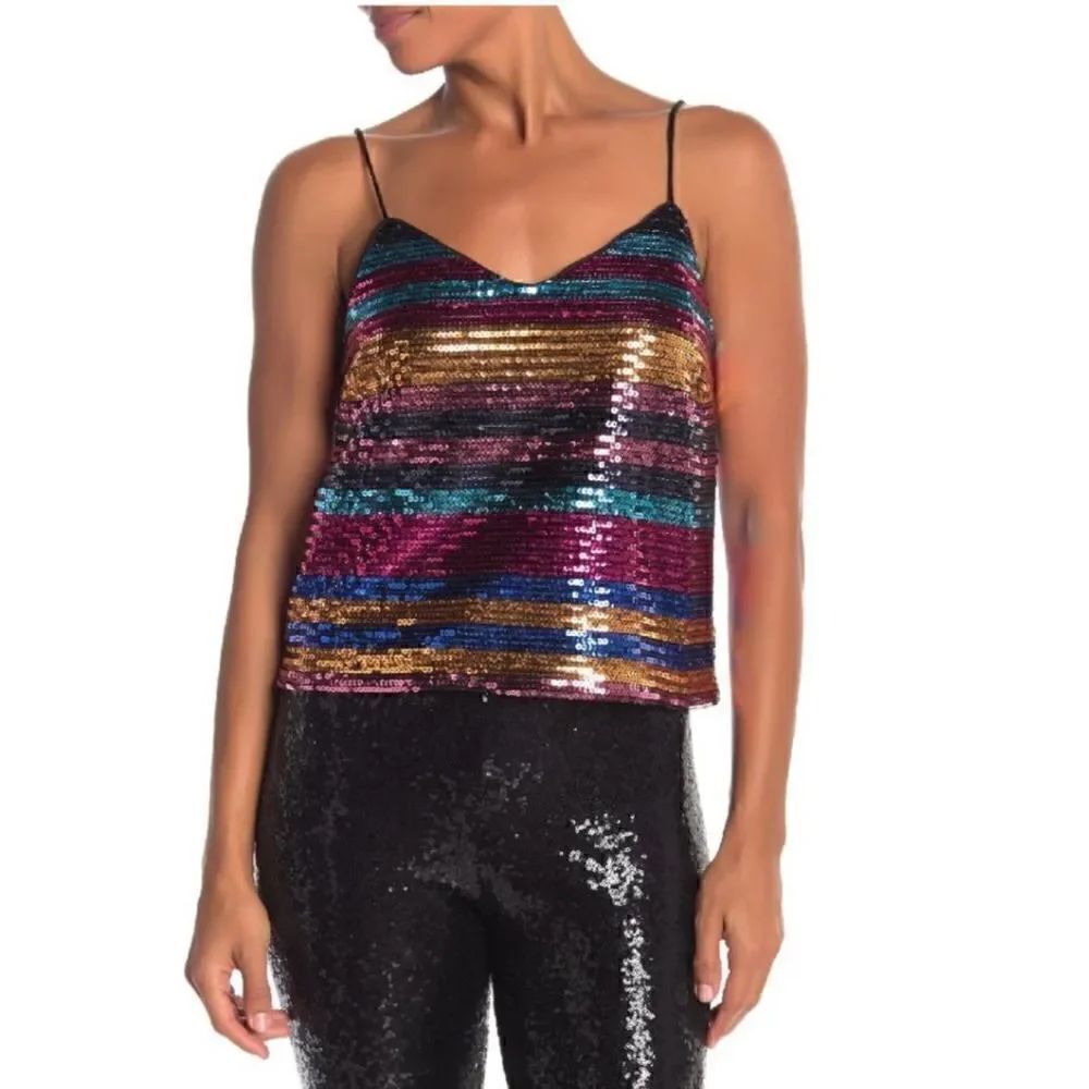 WAYF Sequins Cami Rainbow Stripe Spaghetti Strap Tank Blouse